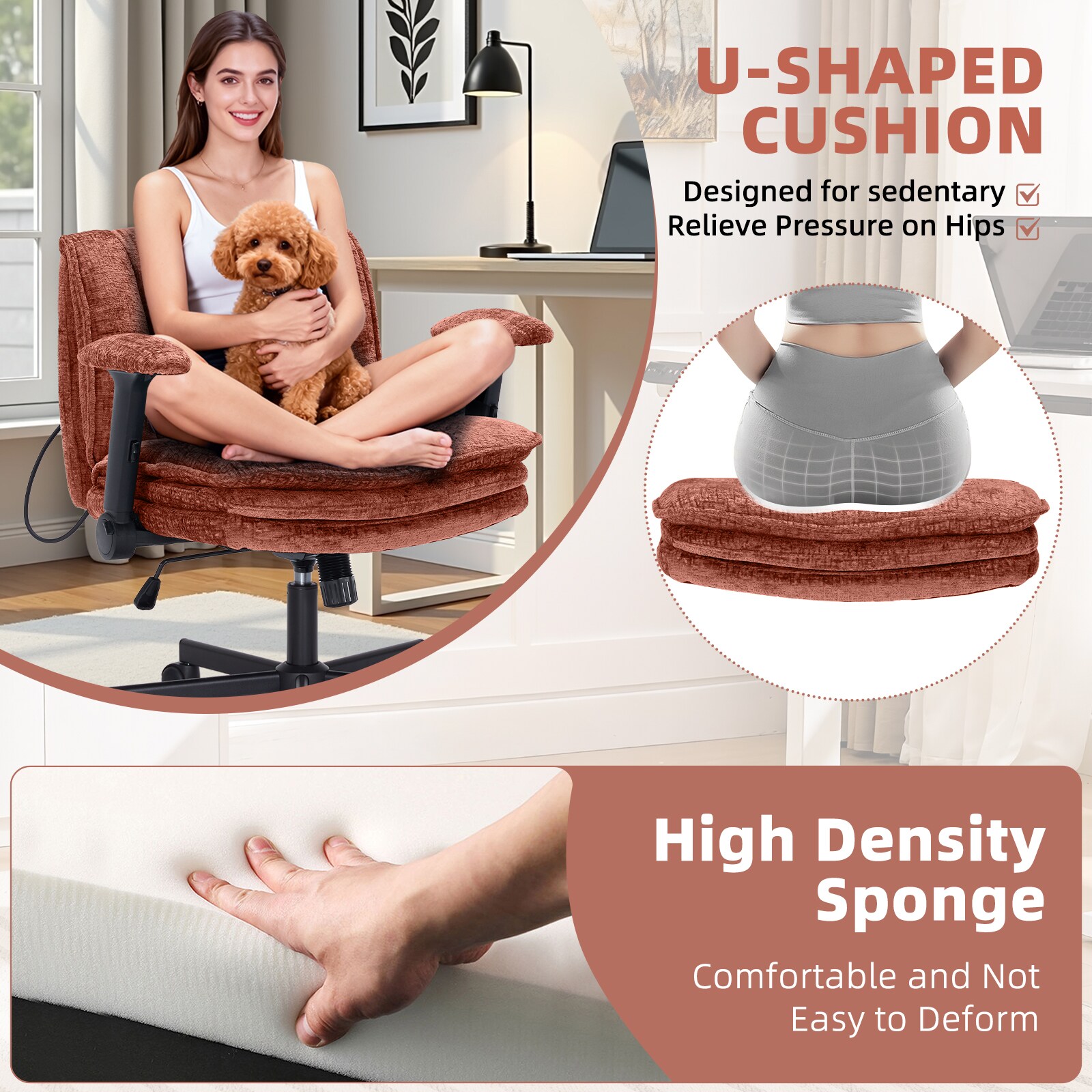 Criss Cross Chair With Wheels And Flip Arms, Upholstered Cross Legged Office Chair With 3 Layer Cushions&Dynamic Airbag Lumbar Support, Wide Seat Comfy Desk Chair For Home Office, Living Room, Orange_maomaolike.com